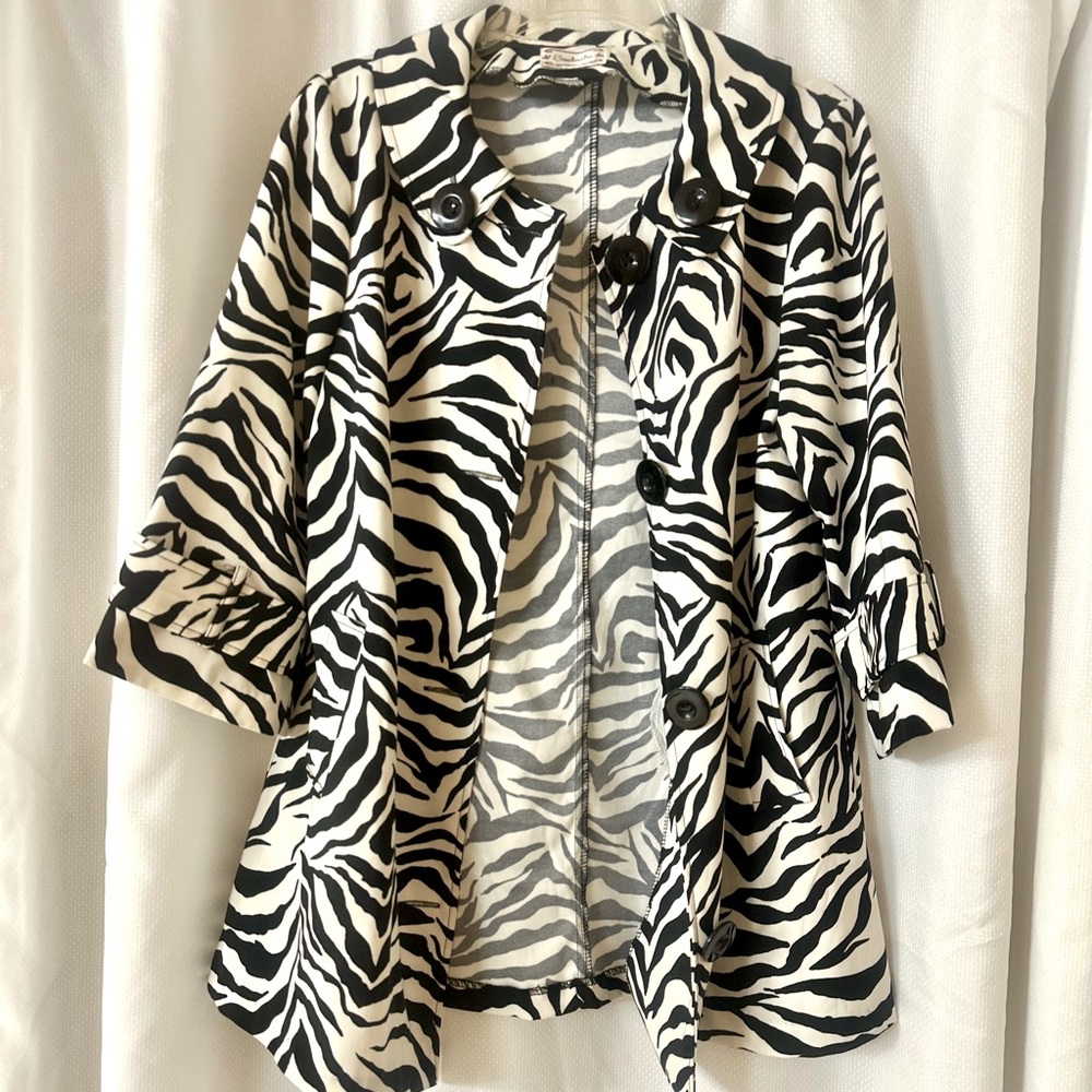 Black and White Zebra Print Lightweight Pea Coat 3/4 Sleeves - Picture 3 of 5